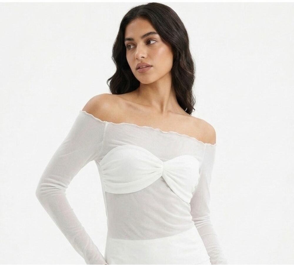 Halara White Mesh Off Shoulder Top Large L Long Sleeve Raw Hem Angelcore NWT